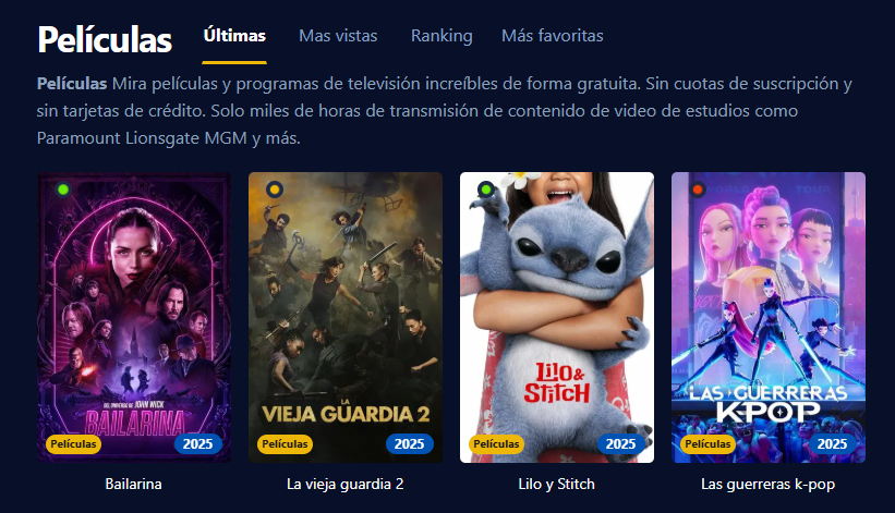 Captura de pantalla de la interfaz de usuario de Cuevana3, mostrando una variedad de películas y series populares.